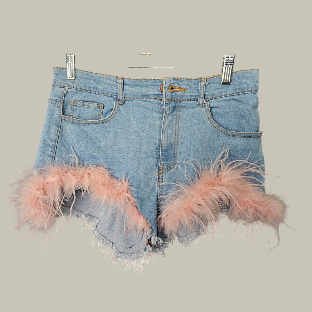 Daisy Feather Trim Denim Shorts Women Large Blue Pink NEW Festival Glam DC062